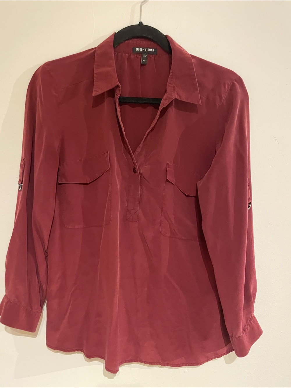 Eileen Fisher Deep Red Long-Sleeve Button-Through Pocket Shirt